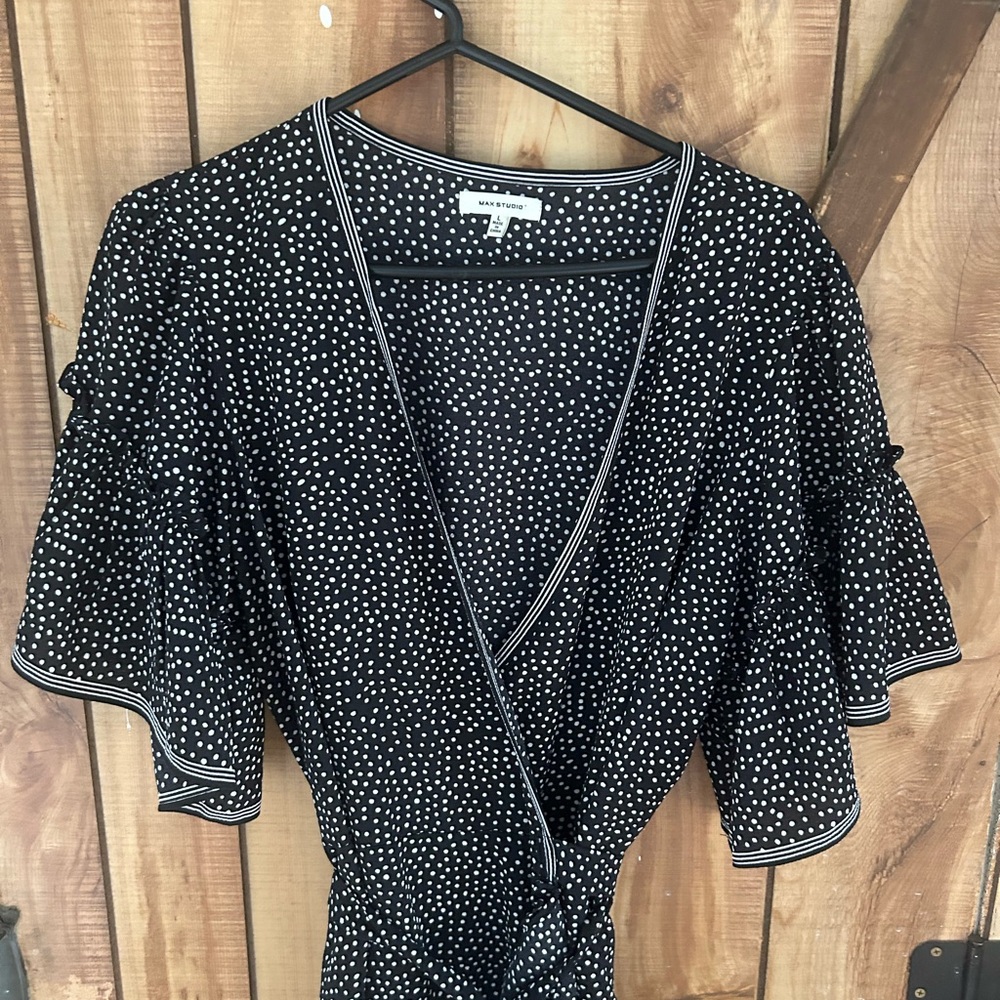 Max Studio Scattered Polka Dot Ruffle Wrap Midi Dress Black & White Breezy Large - Picture 7 of 9
